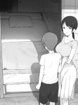  1boy 1girl bed_sheet blush breasts commentary_request greyscale hand_holding indoors large_breasts long_hair looking_at_another monochrome on_floor original pillow shinjiro sliding_doors smile tagme tatami wooden_floor 