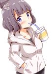 1girl aikawa_ryou black_pants blush bottle brown_hair copyright_request drinking drinking_straw grey_hoodie hand_in_pocket highres holding holding_bottle hood hoodie long_sleeves looking_at_viewer pants simple_background soda_bottle solo violet_eyes white_background 