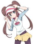  1girl adjusting_clothes adjusting_hat black_legwear blue_eyes blue_sleeves bow brown_hair double_bun dressing hat ixy legwear_under_shorts long_hair loose_clothes mei_(pokemon) pantyhose pink_bow poke_ball_print pokemon pokemon_(game) pokemon_bw2 print_shirt raglan_sleeves shirt short_shorts shorts simple_background solo twintails very_long_hair visor_cap white_background white_shirt yellow_shorts 