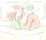  2others alternate_costume androgynous artist_request bed bed_sheet blanket closed_eyes contemporary green_hair houseki_no_kuni multiple_others pajamas phosphophyllite pillow redhead shinsha_(houseki_no_kuni) short_hair sleeping 