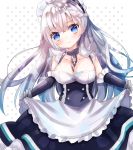  1girl apron apron_hold azur_lane bangs belfast_(azur_lane) between_breasts black_dress blue_eyes blush braid breasts chains cleavage closed_mouth collarbone commentary_request dress elbow_gloves eyebrows_visible_through_hair frilled_apron frills gloves grey_gloves hair_between_eyes head_tilt highres kohaku_muro long_hair looking_at_viewer maid maid_headdress medium_breasts polka_dot polka_dot_background silver_hair sleeveless sleeveless_dress smile solo very_long_hair waist_apron white_apron white_background 