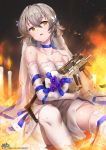  1girl alternate_costume bangs bare_shoulders blush breasts bridal_veil candle choker cleavage closed_mouth collarbone dress earrings elbow_gloves eyebrows_visible_through_hair fire girls_frontline gloves gun hair_ornament hand_up head_tilt highres holding holding_gun holding_weapon jewelry kriss_vector kyjsogom looking_at_viewer medium_breasts open_mouth short_hair sidelocks signature silver_hair sitting solo sparkle strapless strapless_dress submachine_gun thigh-highs torn_clothes vector_(girls_frontline) veil weapon wedding_dress white_dress white_gloves white_legwear yellow_eyes 