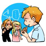  &gt;_&lt; ... 1girl 2boys alphonse_elric apple_pie bangs black_shirt blonde_hair blue_background blue_shirt blush brothers clenched_hand closed_eyes crying d: dress edward_elric eyebrows_visible_through_hair fingernails food fullmetal_alchemist hand_on_another&#039;s_head handkerchief happy_tears looking_at_another multiple_boys open_mouth pink_dress ponytail profile shaded_face shirou_(vista) shirt short_hair siblings simple_background speech_bubble sweatdrop tears translated upper_body white_background winry_rockbell 