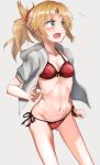  1girl bikini blonde_hair breasts fate/apocrypha fate/grand_order fate_(series) feet_out_of_frame flying_sweatdrops gluteal_fold green_eyes grey_background highres hood hooded_jacket hoodie jacket kabayaki_namazu mordred_(fate) mordred_(fate)_(all) mordred_(swimsuit_rider)_(fate) navel open_clothes open_jacket ponytail red_bikini ribs side-tie_bikini simple_background small_breasts solo swimsuit white_jacket 