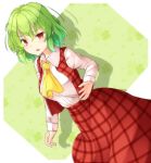  1girl aka_tawashi ascot blush breasts commentary_request dutch_angle eyebrows_visible_through_hair feet_out_of_frame green_background green_hair hair_between_eyes highres kazami_yuuka large_breasts long_sleeves looking_at_viewer open_mouth plaid plaid_skirt plaid_vest red_eyes red_skirt red_vest shadow shirt short_hair skirt solo standing touhou two-tone_background vest white_background white_shirt wing_collar yellow_neckwear 