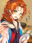  1girl black_sailor_collar blurry blurry_background blush chopsticks commentary_request depth_of_field earrings fang flying_sweatdrops food green_eyes hair_ornament highres holding holding_chopsticks holding_food jewelry long_hair looking_at_viewer miyahama_hitoka multicolored multicolored_eyes neckerchief official_art onsen_musume open_mouth purple_neckwear red_shirt redhead sailor_collar school_uniform serafuku shirt short_sleeves solo souji_hougu sweatdrop tears upper_body yellow_eyes 