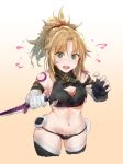  1girl :o armpits bandage bandaged_arm black_gloves black_legwear black_panties blonde_hair braid breasts cleavage cosplay cowboy_shot dagger fate/apocrypha fate/grand_order fate_(series) fingerless_gloves flying_sweatdrops gloves gradient gradient_background green_eyes hair_ornament hair_scrunchie halterneck holding holding_dagger holding_weapon jack_the_ripper_(fate/apocrypha) jack_the_ripper_(fate/apocrypha)_(cosplay) looking_at_viewer micro_panties midriff mordred_(fate) mordred_(fate)_(all) navel open_mouth panties ponytail red_scrunchie renzu_(lens_02) reverse_grip scrunchie short_hair shoulder_tattoo single_glove solo surprised tattoo thigh-highs underwear weapon white_background yellow_background 