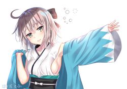  1girl ahoge bangs black_bow blush bow breasts collarbone commentary_request dressing eyebrows_visible_through_hair fate/grand_order fate_(series) hair_between_eyes hair_bow hakuda_tofu haori head_tilt japanese_clothes kimono koha-ace long_sleeves obi okita_souji_(fate) outstretched_arm sash shinsengumi short_kimono sideboob silver_hair simple_background sleepy sleeveless sleeveless_kimono sleeves_past_wrists solo white_background white_kimono wide_sleeves yellow_eyes 