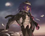  1girl alice_(bzone4) arm_at_side bang_dream! black_gloves black_hat black_neckwear car collared_shirt commentary english_commentary formal gloves ground_vehicle hair_between_eyes hand_in_pocket hat highres jacket_on_shoulders jaguar_(car) looking_at_viewer moon motor_vehicle necktie outdoors overcast parted_lips pinstripe_pattern ponytail purple_hair red_eyes seta_kaoru shirt sidelocks solo striped suit white_shirt wind 