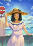  1girl black_hair blue_bow blue_sky bow brown_eyes day dress hat hat_bow highres looking_at_viewer mikumo_(lpmkookm) ocean original outdoors parted_lips short_hair sign sky solo straw_hat translated water white_dress 