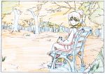  1girl bench black_border blonde_hair border character_request closed_mouth colored_pencil_(medium) copyright_request dated eyebrows_visible_through_hair forest graphite_(medium) hair_ornament holding limited_palette long_sleeves looking_at_viewer looking_back nature pink_x red_eyes sitting skirt smile solo traditional_media tree 