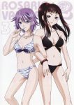  2girls bikini blue_eyes bracelet breasts brown_hair candy closed_mouth copyright_name cover dvd_cover food highres jewelry lipstick lollipop long_hair makeup medium_breasts midriff multiple_girls nail_polish navel official_art parted_lips pendant ponytail purple_hair red_eyes red_lipstick red_nails rosario+vampire shirayuki_mizore short_hair smile standing stomach swimsuit toujou_ruby 