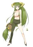  1girl :d asymmetrical_clothes blush bracelet breasts brown_eyes character_request color_guide full_body green_bikini_top green_hair green_pants high_heels horns jewelry large_breasts legs_apart long_hair looking_at_viewer low-tied_long_hair monster_hunter oota_yuuichi open_mouth pants personification simple_background single_pantsleg smile solo standing very_long_hair white_background 