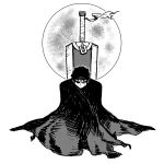  1boy akairiot berserk black_hair cape covering_mouth dragonslayer_(sword) full_moon greyscale guts highres huge_weapon looking_at_viewer male_focus monochrome moon solo sword weapon white_background 