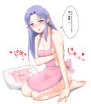 1girl apron blue_hair blush breasts caster cleavage commentary_request fate/stay_night fate_(series) heart itou_katsumi kneeling knees_together_feet_apart lipstick long_hair looking_at_viewer makeup medea_(fate) medea_(fate)_(all) naked_apron no_bra no_panties no_underwear pink_apron pointy_ears purple_lipstick sideboob sitting solo speech_bubble spoken_heart translation_request type-moon violet_eyes wariza yes-no_pillow