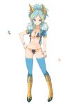  1girl bikini blue_bikini blue_eyes blue_hair blue_legwear blush boots breasts character_request closed_mouth color_guide crop_top cross cross_necklace full_body fur_trim hand_on_hip horns jacket jewelry latin_cross medium_breasts monster_hunter necklace oota_yuuichi open_clothes open_jacket personification ponytail short_hair simple_background solo standing swimsuit thigh-highs white_background yellow_footwear 