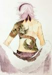  1other ambiguous_gender back back_tattoo bare_shoulders from_behind grey_background grey_hair hairband merc_storia scar short_hair simple_background sogawa tattoo topless undressing 