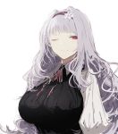  1girl breasts curly_hair hair_intakes hairband hometa idolmaster large_breasts light_smile long_hair looking_at_viewer md5_mismatch one_eye_closed red_eyes shijou_takane silver_hair simple_background solo white_background 