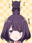  1girl bangs blue_eyes blush_stickers checkered checkered_background closed_mouth commentary_request engiyoshi eyebrows_visible_through_hair fate/grand_order fate_(series) hair_bun hair_ornament highres katsushika_hokusai_(fate/grand_order) looking_away looking_up octopus purple_hair short_hair solo sweat translated 