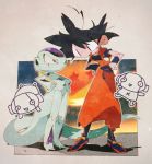  4boys :d black_eyes black_hair boots dougi dragon_ball dragon_ball_(object) dragon_ball_super dragonball_z expressionless flying frieza frown full_body hand_on_hip happy height_difference leaning_forward looking_at_another monochrome multiple_boys open_mouth red_eyes shaded_face shadow short_hair simple_background smile son_gokuu spiky_hair standing suzuka_g sweatdrop tail white_background wristband zen&#039;ou_(dragon_ball) 