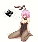  1girl animal_ears black_hairband black_leotard bow bowtie breasts bunnysuit covered_navel detached_collar fake_animal_ears fate/grand_order fate_(series) full_body hair_over_one_eye hairband highres leotard mash_kyrielight medium_breasts no_shoes pantyhose pink_eyes pink_hair raayu_(0u_rayu) rabbit_ears sitting solo strapless strapless_leotard thought_bubble twitter_username wariza wrist_cuffs 