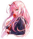 1girl bangs black_sailor_collar black_shirt candy commentary_request covered_mouth darling_in_the_franxx eyebrows_visible_through_hair flower food green_eyes hair_between_eyes holding holding_lollipop horns lollipop long_hair long_sleeves looking_at_viewer neckerchief pierorabu pink_hair red_flower red_neckwear sailor_collar school_uniform serafuku shirt signature simple_background solo twitter_username very_long_hair white_background zero_two_(darling_in_the_franxx) 