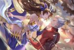 1boy 1girl archer armlet black_hair blue_ribbon breasts cleavage earrings eye_contact fate/grand_order fate/stay_night fate_(series) gears hair_ribbon hand_on_another&#039;s_cheek hand_on_another&#039;s_face hoop_earrings ishtar_(fate/grand_order) jewelry ji_wuming long_hair looking_at_another pixiv_fate/grand_order_contest_1 red_eyes ribbon silver_hair single_detached_sleeve single_thighhigh strapless sword thigh-highs toeless_legwear tohsaka_rin two_side_up unlimited_blade_works weapon 