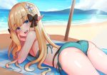  1girl bangs bikini black_bow blonde_hair blue_eyes blush bow breasts elf eyebrows_visible_through_hair flower hair_bow hair_flower hair_ornament highres large_breasts long_hair looking_at_viewer lunarscent navel open_mouth pointy_ears princess_connect! princess_connect!_re:dive saren_(princess_connect!) smile solo swimsuit 