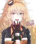  black_gloves blonde_hair cizzi girls_frontline gloves green_eyes hairband jacket long_hair looking_at_viewer open_mouth s.a.t.8_(girls_frontline) sharp_teeth teeth yellow_hairband yellow_jacket 