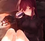  1girl black_sweater blush breasts can closed_mouth fang fate/grand_order fate_(series) hair_between_eyes hair_intakes hplay large_breasts long_hair looking_at_viewer outdoors purple_hair red_eyes ribbed_sweater scathach_(fate/grand_order) sidelocks sitting smile soda_can solo sweater turtleneck turtleneck_sweater 