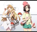  2girls :d :o aqua_shorts bag bang_dream! bangs beanie black_hair blonde_hair cosplay cowboy_shot dress duffel_bag floral_print gradient gradient_background grey_eyes hair_ornament harusawa hat holding holding_poke_ball letterboxed lillie_(pokemon) lillie_(pokemon)_(cosplay) long_hair mizuki_(pokemon) mizuki_(pokemon)_(cosplay) multiple_girls okusawa_misaki open_mouth poke_ball poke_ball_print pokemon pokemon_(game) pokemon_sm print_shirt red_hat red_ribbon ribbon shirt short_hair short_shorts short_sleeves shorts shoulder_bag sidelocks sleeveless sleeveless_dress smile sun_hat tied_shirt tsurumaki_kokoro white_dress white_hat wrist_ribbon yellow_eyes yellow_shirt 