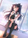  1girl :o absurdres black_hair black_legwear black_skirt blue_eyes dated fate/stay_night fate_(series) hair_ribbon highres jiang_xin long_hair looking_to_the_side ribbon sailor_collar sitting skirt solo thigh-highs tohsaka_rin two_side_up window windowsill 