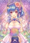  1girl :d azur_lane bangs bare_shoulders blue_flower blue_gloves blue_hair blue_rose blush bouquet breasts bridal_veil cleavage collarbone commentary_request copyright_name crying crying_with_eyes_open dress eyebrows_visible_through_hair fingernails flower gloves hair_between_eyes hair_flower hair_ornament holding holding_bouquet jewelry long_hair open_mouth pink_flower pjrmhm_coa rainbow_gradient red_eyes ring ring_box rose see-through side_ponytail sidelocks sleeveless sleeveless_dress smile solo_focus st._louis_(azur_lane) tears veil wedding_ring white_dress 
