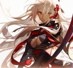  1girl arm_guards ask_(askzy) bangs breasts cleavage closed_mouth commentary dark_skin fate/grand_order fate_(series) floating_hair hair_ornament high_collar koha-ace long_hair long_sleeves looking_at_viewer medium_breasts okita_souji_(fate) okita_souji_alter_(fate) parted_bangs simple_background solo tassel upper_body very_long_hair weapon white_background white_hair wide_sleeves 