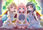  3girls black_hair blonde_hair blue_eyes bow commentary_request dress highres long_hair looking_at_viewer multiple_girls original pink_eyes pink_hair red_eyes short_hair smile torokeru_none toy tree very_long_hair white_dress 