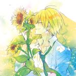  1boy blonde_hair blue_background blue_neckwear blush closed_eyes collared_shirt flower from_side holding holding_flower kise_ryouta kuroko_no_basuke necktie noeru_(putty) profile shirt smelling smelling_flower smile solo sunflower upper_body white_background white_shirt yellow_background yellow_flower 