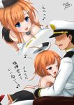  1boy 1girl admiral_(azur_lane) azur_lane bell bell_collar blue_eyes blush_stickers breasts cleavage collar commentary_request dated eltnage foxhound_(azur_lane) hair_ornament hairclip hug military military_uniform one_eye_closed open_mouth short_hair_with_long_locks signature sitting translated uniform 