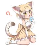  1girl animal_ears back_bow bare_shoulders blonde_hair blush bow bowtie cat_ears cat_tail commentary_request eating elbow_gloves eyebrows_visible_through_hair food frilled_skirt frills gloves highres japari_bun kemono_friends multicolored_hair ransusan sand_cat_(kemono_friends) short_hair sitting skirt socks solo tail vest wariza 