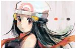  1girl :o bare_shoulders blue_hair blush border eyelashes hair_ornament hat hikari_(pokemon) looking_at_viewer open_mouth pink_eyes pokemon pokemon_(game) pokemon_dppt red_scarf ririmon scarf solo straight_hair teeth twitter_username upper_body white_border white_hat 