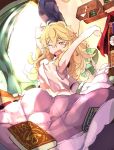  armpits arms_behind_head bed blonde_hair book bookshelf curtains eyebrows_visible_through_hair fang furorina highres kirisame_marisa light_rays long_hair navel one_eye_closed open_mouth open_window pillow sleepwear stretch sunbeam sunlight touhou under_covers yawning yellow_eyes 