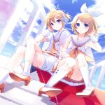  1boy 1girl alternate_color belt blonde_hair blue_eyes blue_sky bow brother_and_sister buttons clouds dutch_angle hair_bow hair_ornament hair_tucking hairclip handrail headphones headset high_heels highres kagamine_len kagamine_rin kashiwaba_en legs_crossed looking_at_viewer miniskirt moon orange_neckwear orange_skirt pale_skin parted_lips pleated_skirt sailor_collar shirt shorts siblings sitting skirt sky socks treble_clef twins vocaloid white_shirt white_shorts wrist_cuffs 