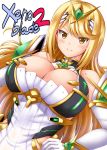  1girl armor bare_shoulders blonde_hair blush breasts cleavage copyright_name dress elbow_gloves gloves headgear mythra_(xenoblade) large_breasts long_hair looking_at_viewer sleeveless smile solo utanone_shion xenoblade_(series) xenoblade_2 yellow_eyes 
