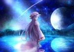  1girl bangs blunt_bangs full_moon hat long_hair mob_cap moon mountain partially_submerged patchouli_knowledge purple_hair ram_hachimin reflection robe shooting_star side_glance sky solo star_(sky) starry_sky touhou tree violet_eyes water 