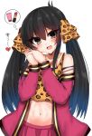  1girl :d animal_print bangs bare_shoulders black_hair blush brown_eyes camisole collarbone commentary_request eyebrows_visible_through_hair hair_between_eyes hair_ribbon hands_clasped head_tilt heart heart_necklace highres idolmaster idolmaster_cinderella_girls jacket leopard_print lipstick lipstick_tube long_hair looking_at_viewer makeup matoba_risa midriff navel off_shoulder open_mouth own_hands_together pink_jacket pink_skirt pleated_skirt print_camisole print_ribbon ribbon ricroot simple_background skirt smile solo spoken_object translated twintails very_long_hair white_background 