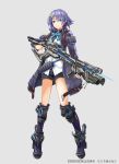  1girl black_shorts blue_eyes blue_neckwear boots bow bowtie full_body grey_background grey_hairclip gun hair_ornament hellnyaa holding holding_gun holding_weapon long_sleeves original purple_coat purple_footwear purple_hair rifle shirt short_hair short_shorts shorts smile solo standing weapon white_shirt wing_hair_ornament x_hair_ornament 