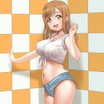  1girl a1 brown_hair commentary_request cowboy_shot denim denim_shorts kunikida_hanamaru long_hair love_live! love_live!_sunshine!! midriff navel open_mouth round_teeth shirt short_shorts shorts sleeves_rolled_up smile solo teeth tied_shirt upper_teeth white_shirt yellow_eyes 