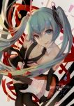  1girl 2017 aqua_eyes aqua_hair bare_shoulders black_gloves black_legwear black_neckwear breasts character_name cleavage collarbone copyright_name dated elbow_gloves eyebrows_visible_through_hair gloves hatsune_miku instrument_request kamikakushi_no_ocarino leaning_forward looking_at_viewer medium_breasts musical_note necktie smile solo thigh-highs twintails vocaloid white_background 