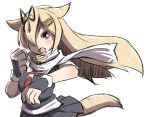  1girl :d animal_ears bangs black_gloves black_ribbon black_serafuku black_shirt black_skirt blonde_hair blush breasts dog_ears dog_girl dog_tail eyebrows_visible_through_hair fang fingerless_gloves gloves hair_ornament hair_ribbon hairclip kantai_collection kemonomimi_mode long_hair looking_at_viewer medium_breasts neckerchief open_mouth pleated_skirt red_eyes red_neckwear remodel_(kantai_collection) ribbon scarf school_uniform serafuku shirt short_sleeves simple_background skirt smile solo tail u-non_(annon&#039;an) very_long_hair white_background white_scarf yuudachi_(kantai_collection) 