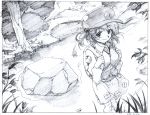  1girl backpack bag black_border border character_request closed_mouth dated graphite_(medium) greyscale hair_bobbles hair_ornament hat long_sleeves looking_at_viewer monochrome outdoors pink_x pouch rock skirt smile solo standing touhou traditional_media tree two_side_up vest 