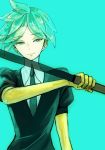  1other androgynous aqua_background colored_eyelashes gem_uniform_(houseki_no_kuni) golden_arms green_background green_eyes green_hair houseki_no_kuni looking_at_viewer necktie phosphophyllite roji_(rozio) short_hair smile solo sword upper_body weapon 